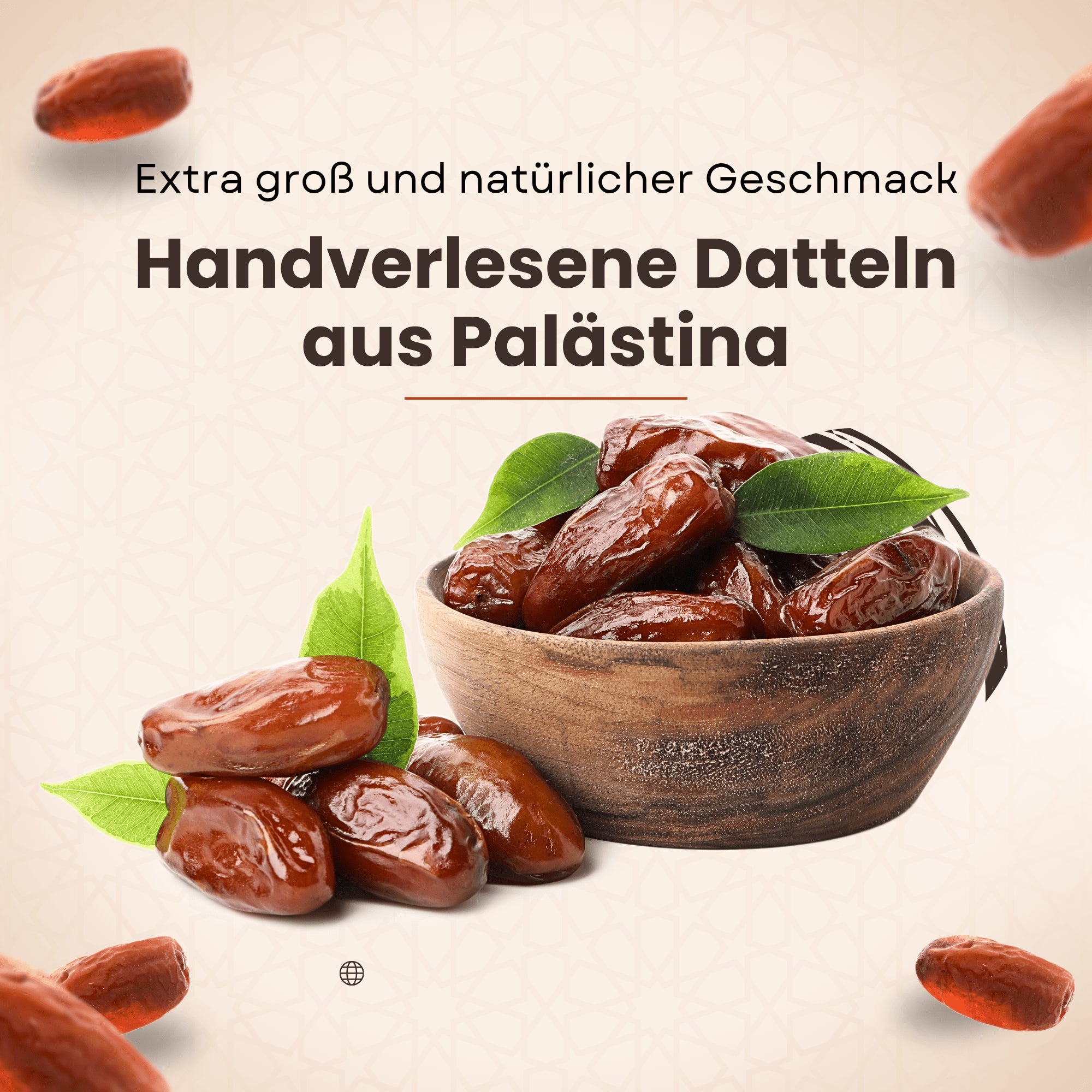Extra große, weiche und saftige Medjool Datteln aus Palästina in einer Holzschale mit grünen Blättern – handverlesen und voller natürlicher Süße.