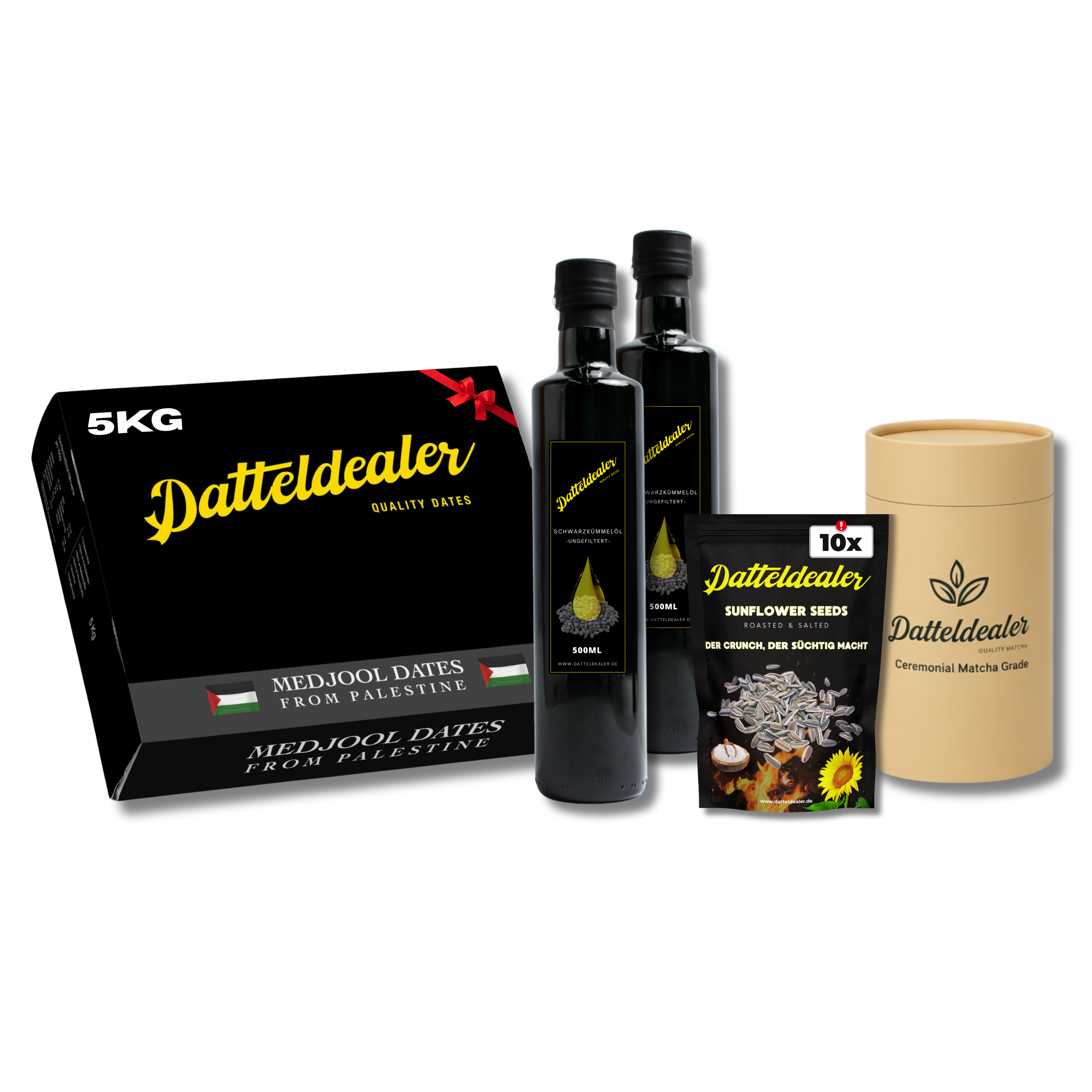 Supporter Bundle (1x Medjool Datteln(5kg), 2x Schwarzkümmelöl, 10x Sonnenblumenkerne & 1x Ceremonial Matcha)