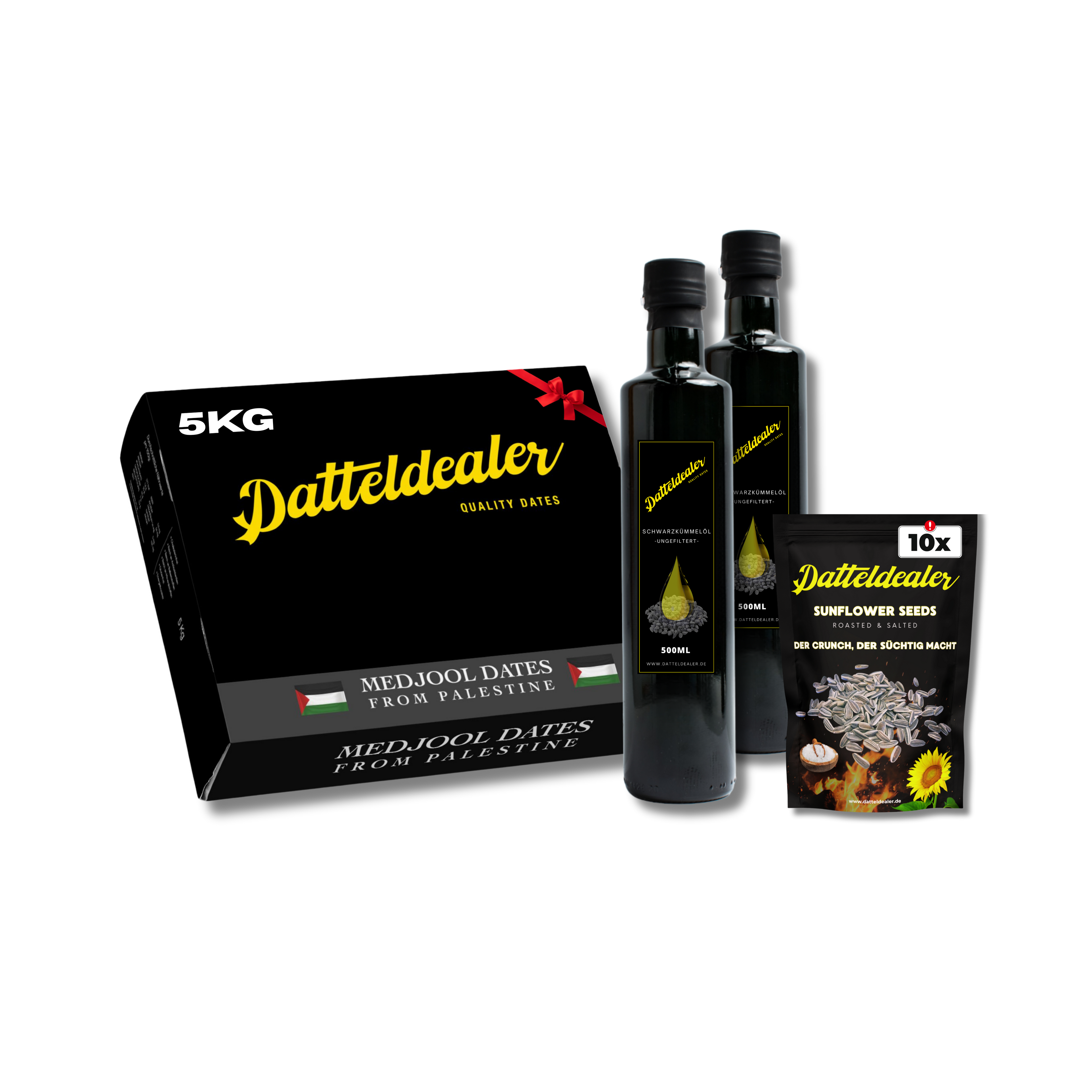 Mega Bundle (1x Medjool Datteln(5kg), 2x Schwarzkümmelöl & 10x Sonnenblumenkerne)