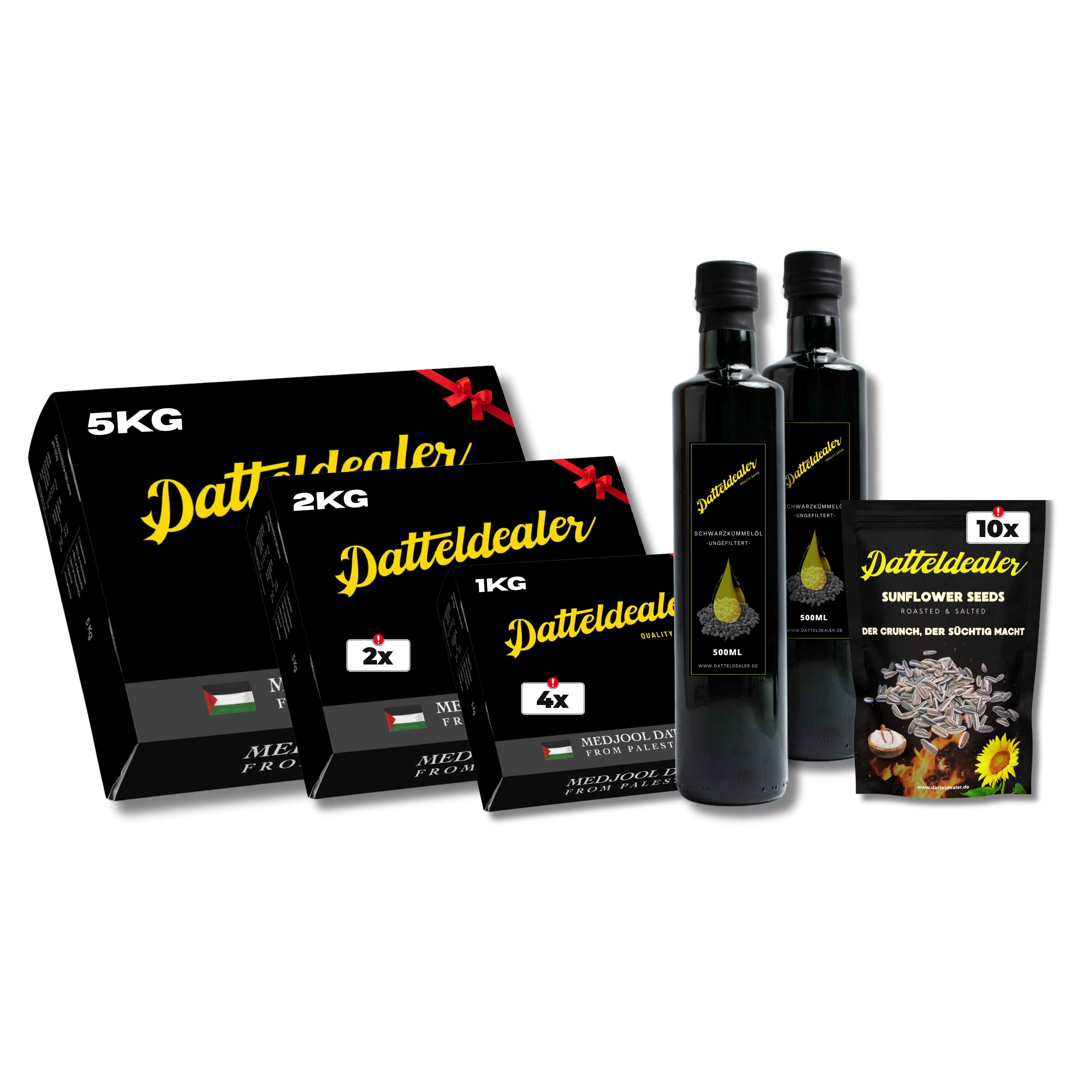 RAMADAN Set Bundle (1x Medjool Datteln(5kg), 2x Medjool Datteln(2kg), 4x Medjool Datteln(1kg), 2x Schwarzkümmelöl & 10x Sonnenblumenkerne)