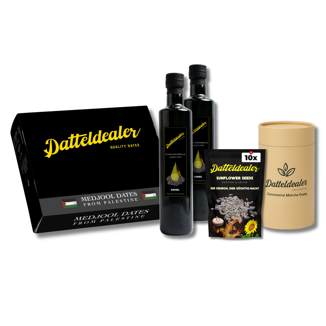 Datteldealer -Supporter Bundle (Medjool Datteln, 2x Schwarzkümmelöl, 10x Sonnenblumenkerne & Ceremonial Matcha)