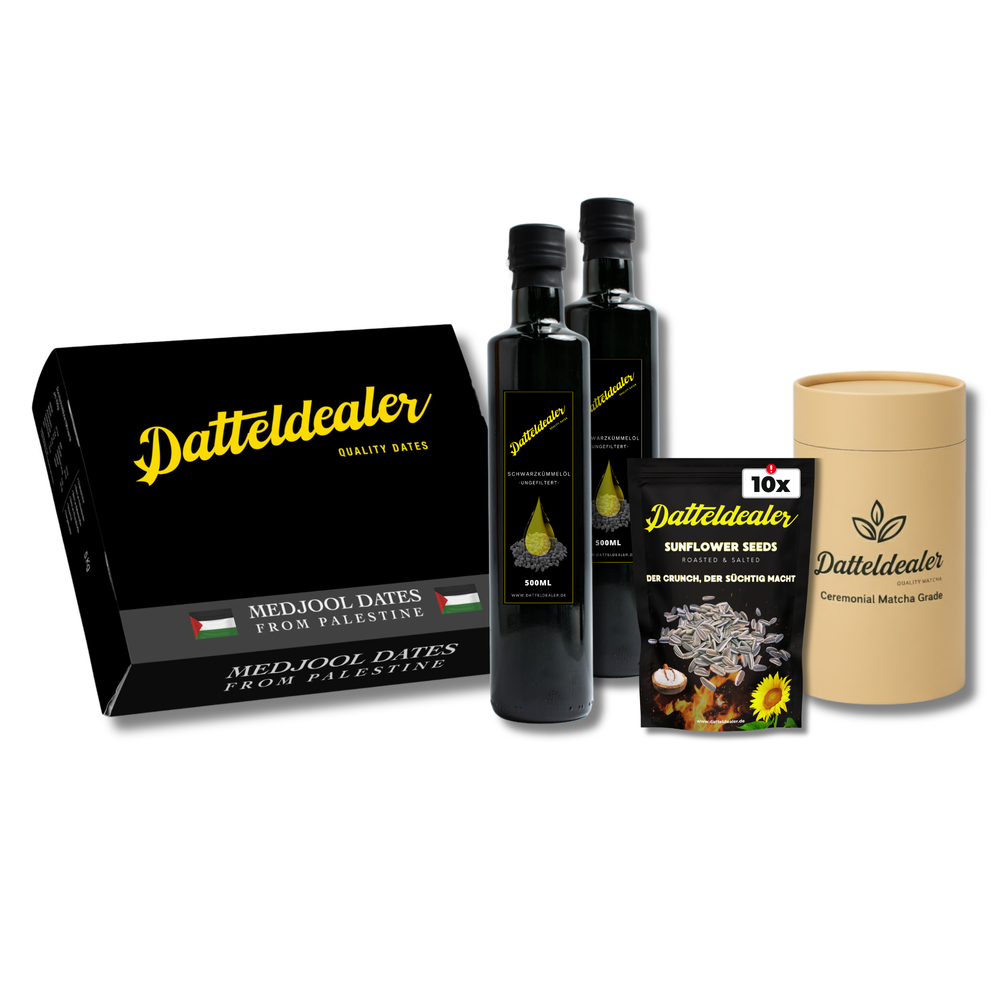 Datteldealer -Supporter Bundle (Medjool Datteln, 2x Schwarzkümmelöl, 10x Sonnenblumenkerne &amp; Ceremonial Matcha)