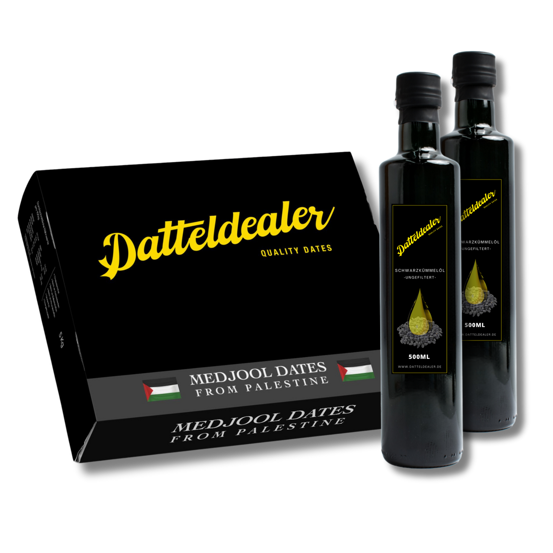 Datteldealer Bundle 1x 5kg Medjoul Datteln &amp; 2x ungefiltertes Schwarzkümmel Öl aus Ägypten