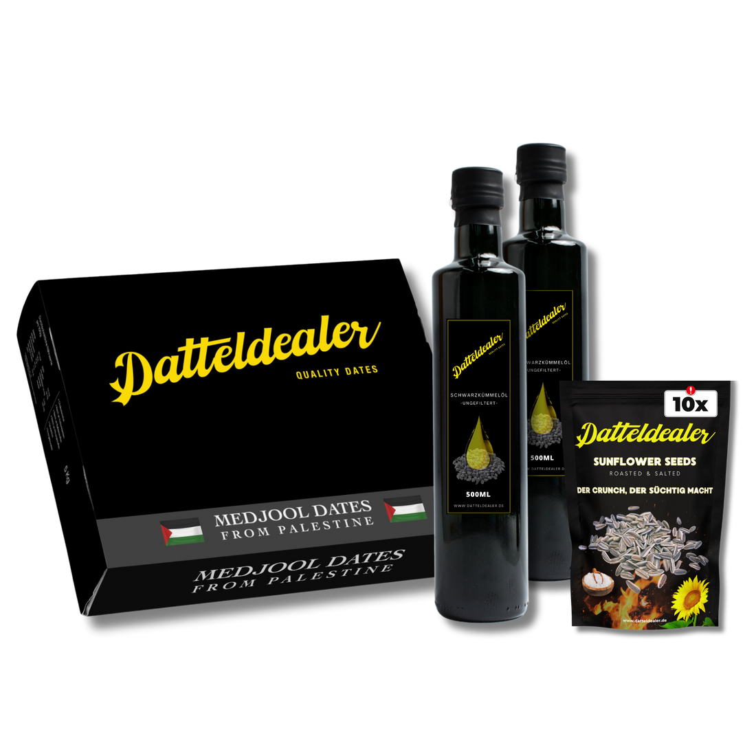 Datteldealer - Mega Bundle (Medjool Datteln, 2x Schwarzkümmelöl & 10x Sonnenblumenkerne)