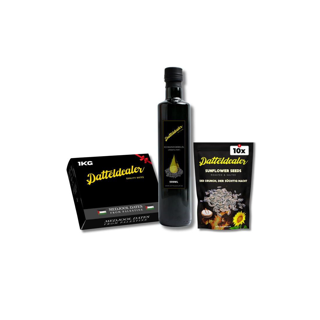 Probier Bundle (1x Medjool Datteln(1kg), 1x Schwarzkümmelöl &amp; 10x Sonnenblumenkerne)