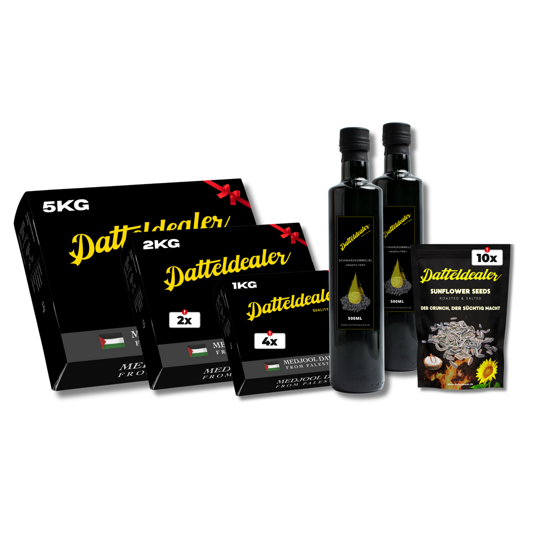RAMADAN Set Bundle (1x Medjool Datteln(5kg),  2x Medjool Datteln(2kg),  4x Medjool Datteln(1kg),  2x Schwarzkümmelöl  &amp; 10x Sonnenblumenkerne)